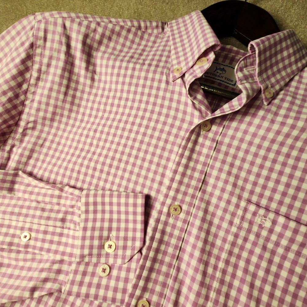 Southern Tide Intercoastal Shirt Mens Medium Purple White Gingham Button Down